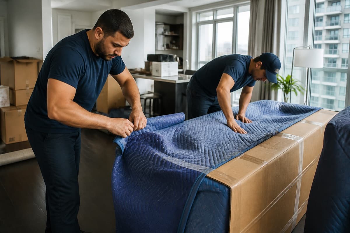Movers wrapping furniture carefully for a Toronto condo move